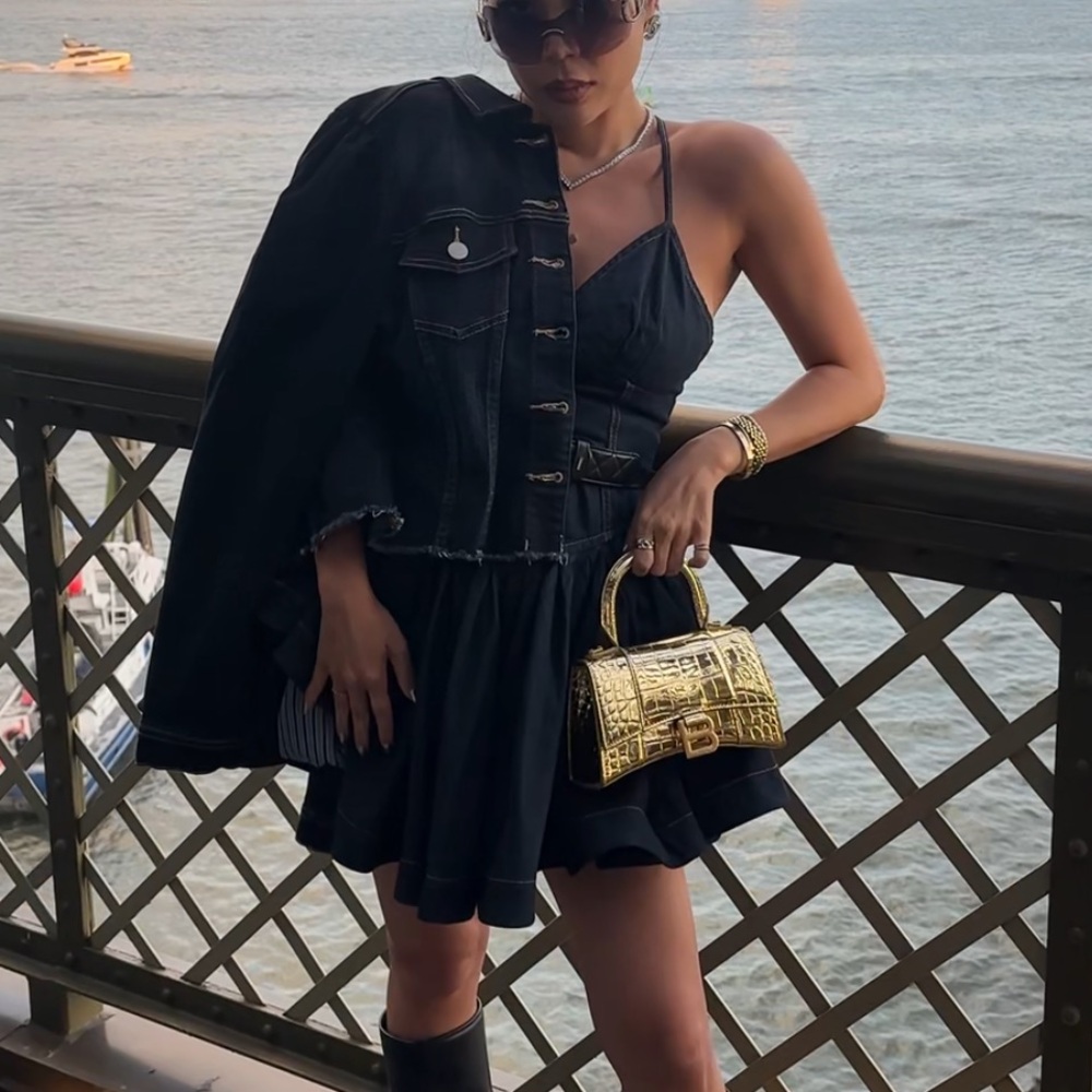 Dear John Roselyn cropped denim jacket puff shoulders daring indigo XS *blogger*